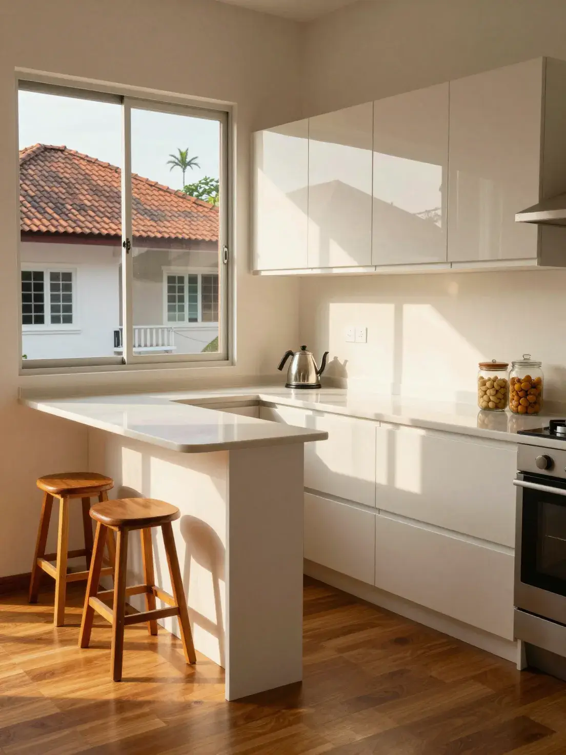 White gloss acrylic dry kitchen with a breakfast ledge and two timber stools by a window