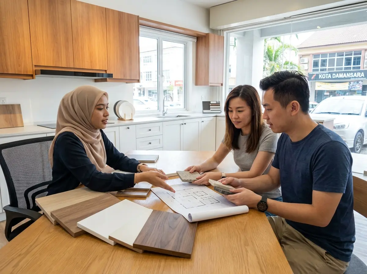An OakHaus designer going through door and stone samples with a couple at the Kota Damansara showroom