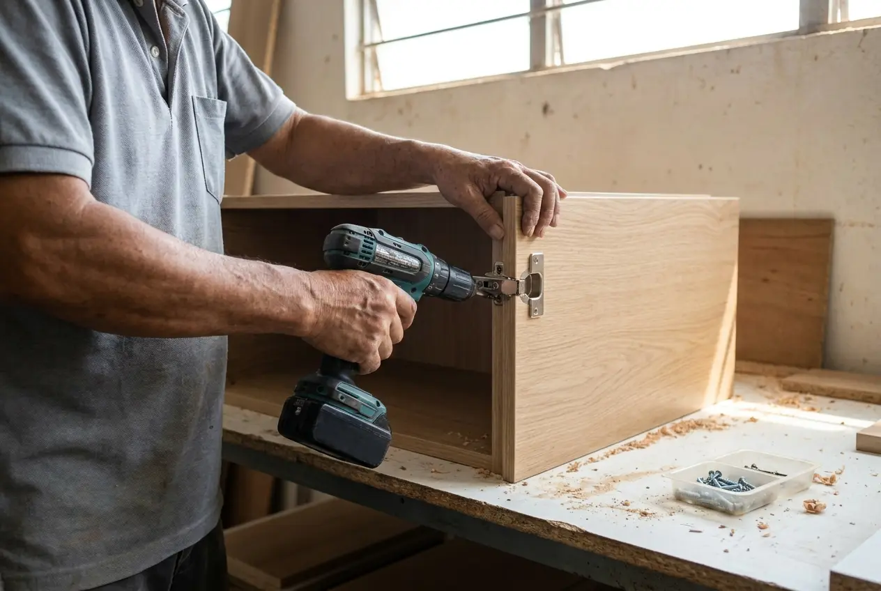 A carpenter fitting a soft-close hinge to an oak laminate cabinet in the factory