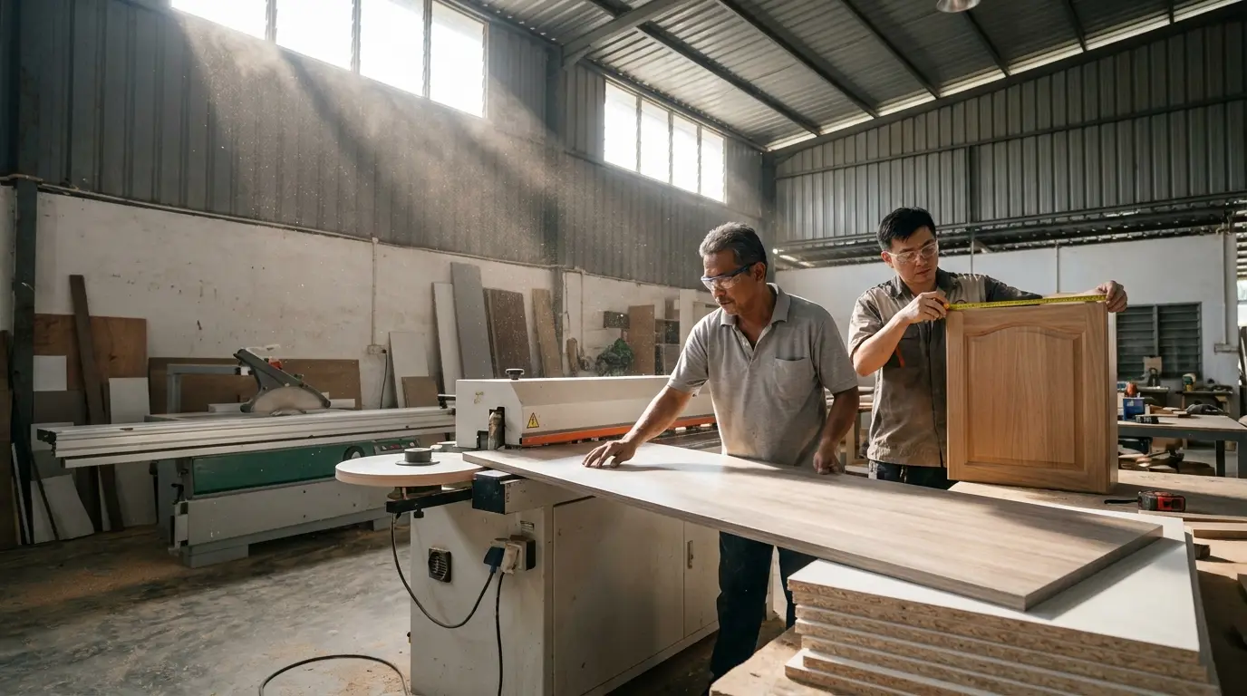 Two OakHaus carpenters in the Sungai Buloh factory, one feeding a board through the edge bander, one measuring a cabinet door
