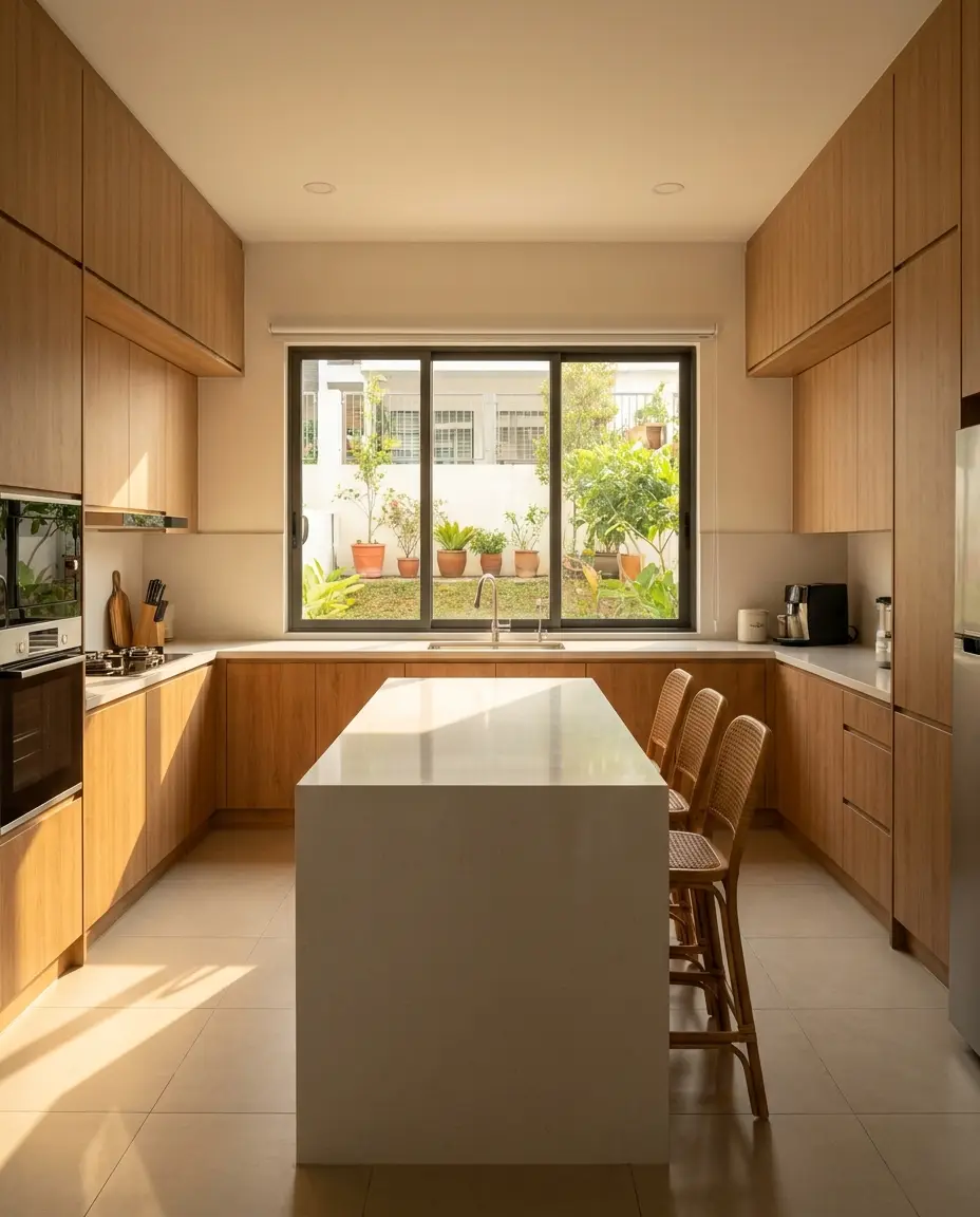Oak laminate U-shape kitchen with a white quartz island, rattan stools and a window onto the backyard