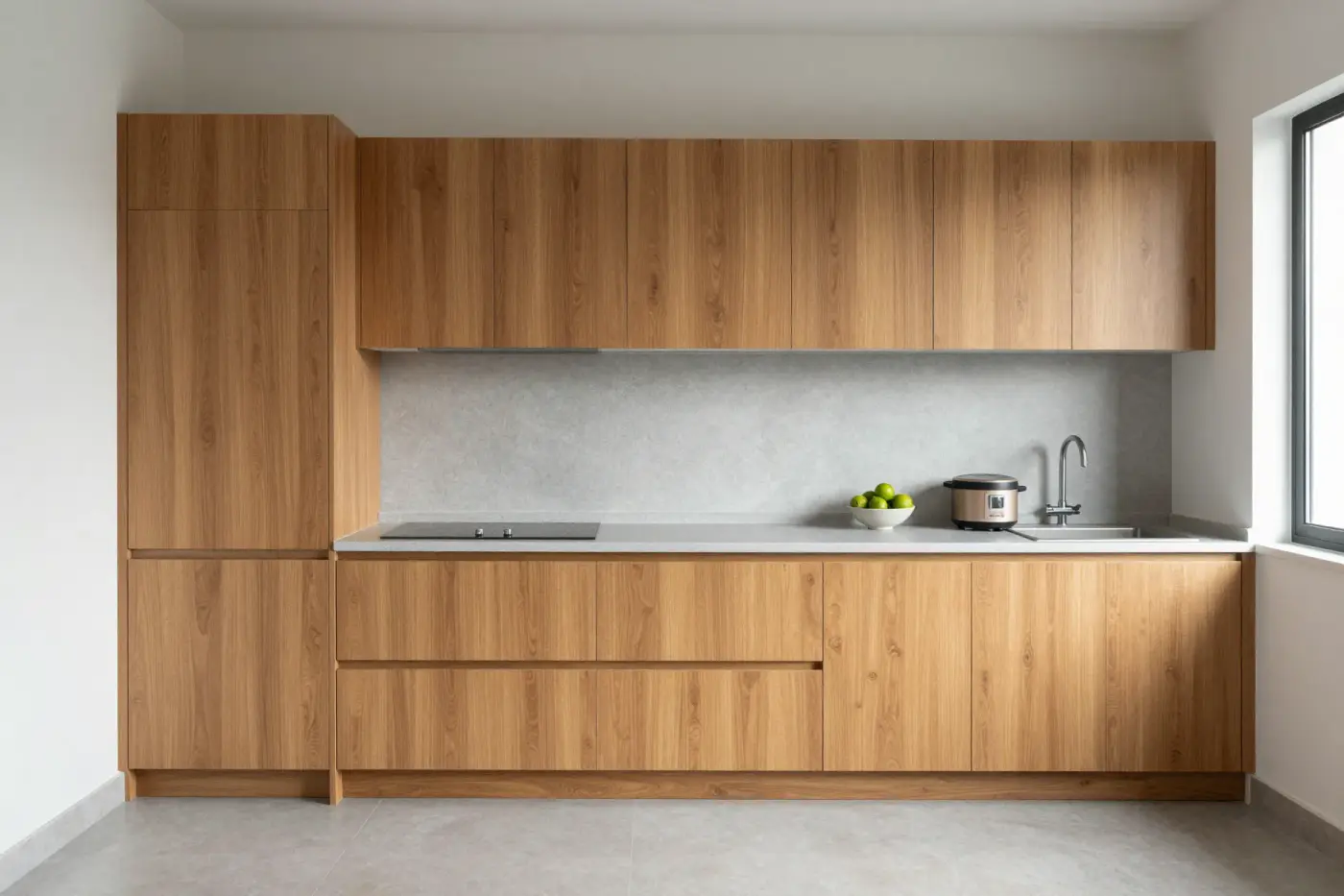The finished kitchen: oak laminate wall and base cabinets, a tall oak pantry, a grey stone worktop and splashback, induction hob and sink, in a Klang Valley condo