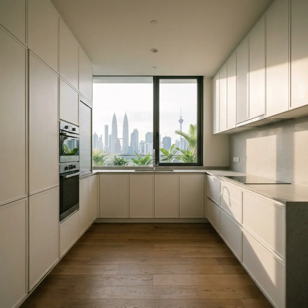 White acrylic G-shape kitchen with a full-height pantry wall and a window onto the Kuala Lumpur skyline