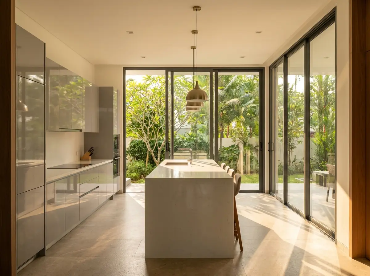 Grey gloss acrylic kitchen with a long white quartz island and glass doors onto a tropical garden