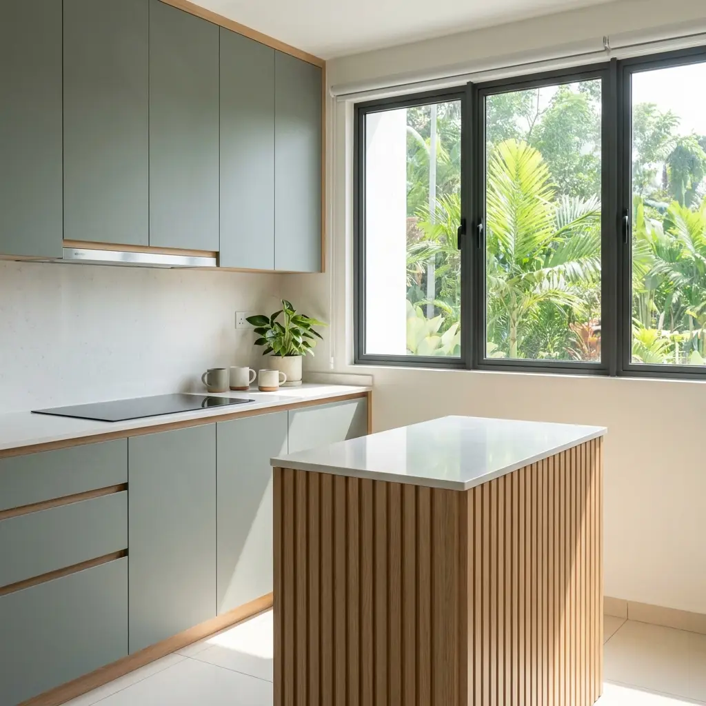 Compact sage-grey kitchen with oak edge banding and a small island faced in timber slats