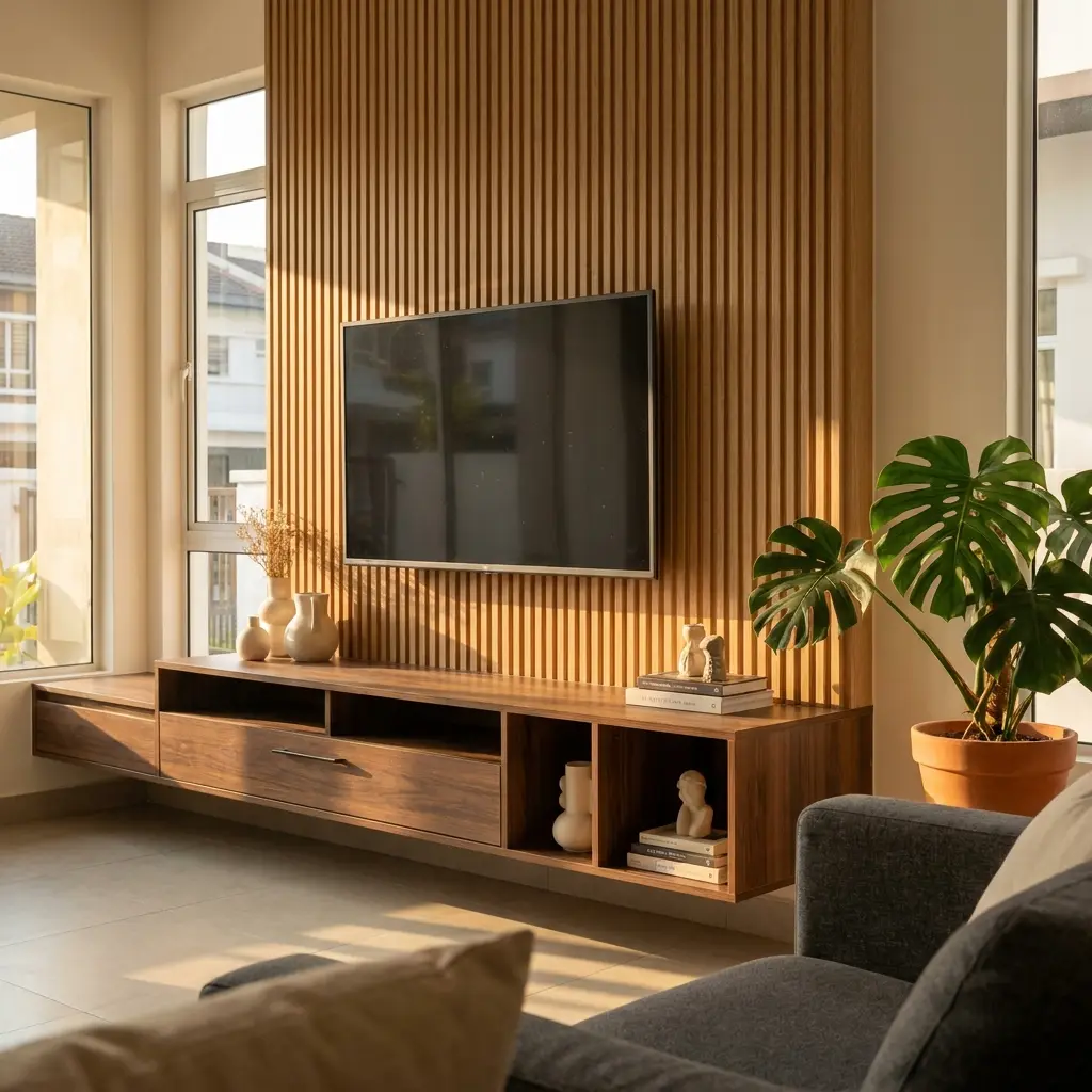 Fluted oak TV feature wall with a floating walnut console, open niches and a monstera